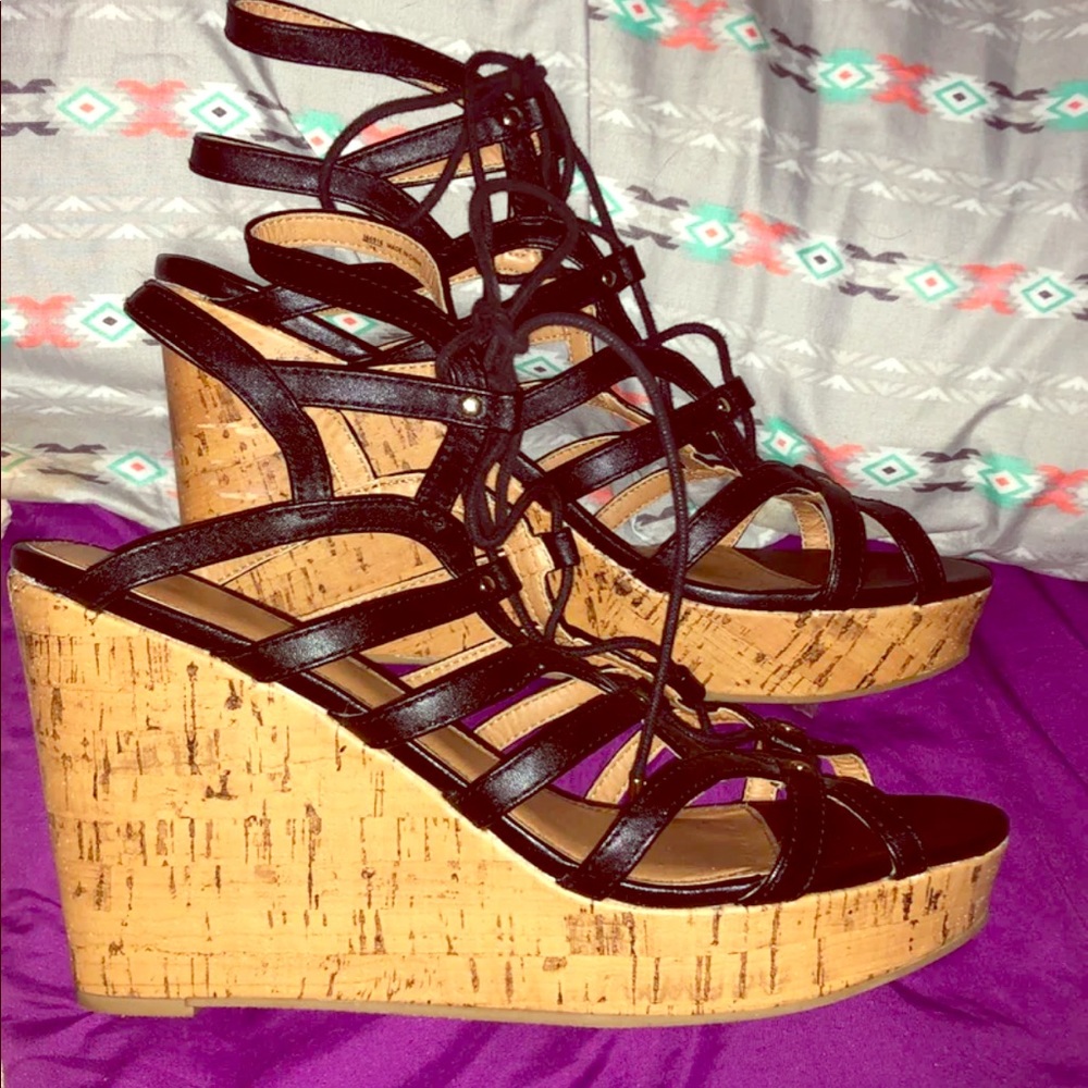 Black Laced Cork Wedges